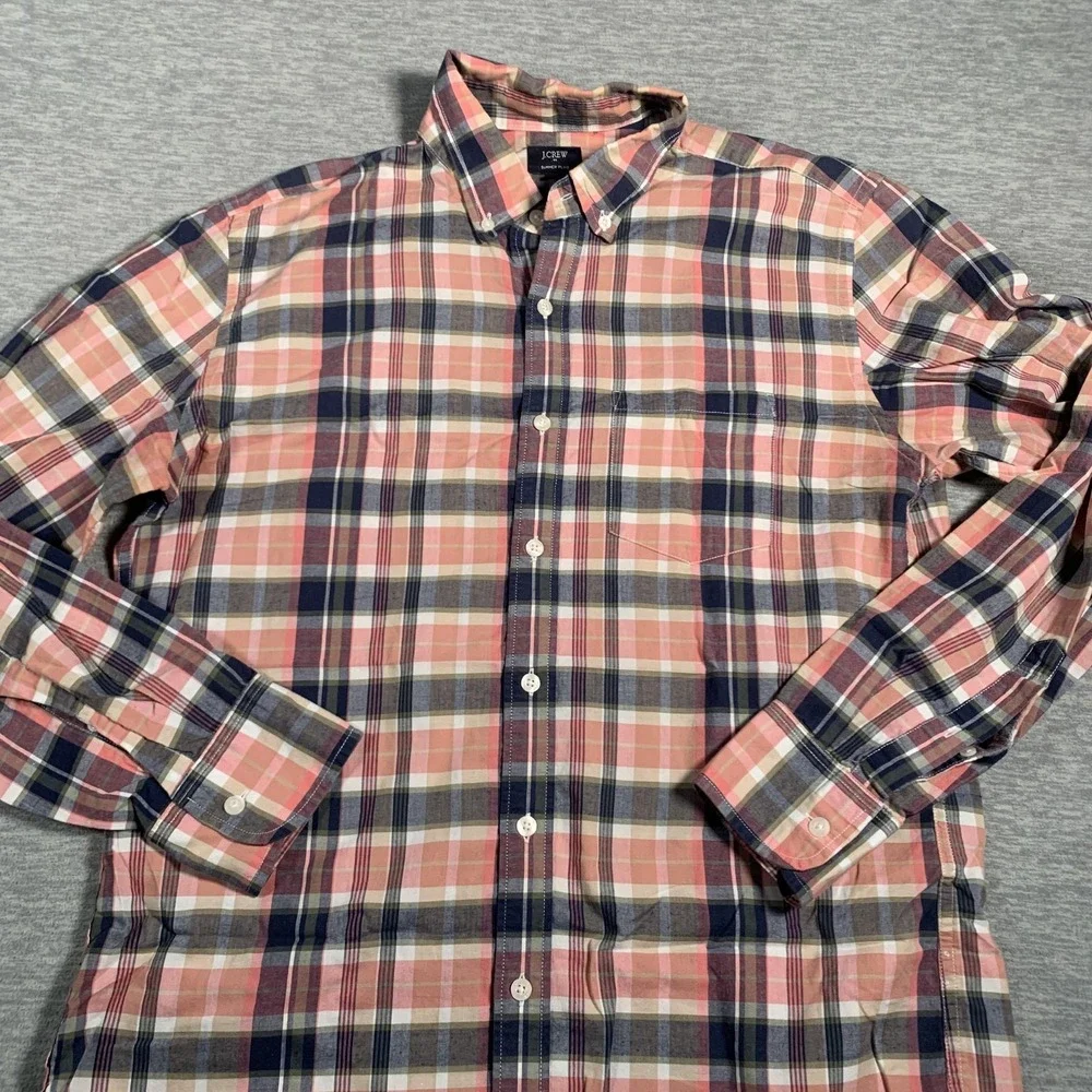 J Crew Shirt Mens Medium Pink Navy Plaid Summer Button‎ Down Long Sleeve Cotton